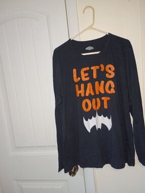 Uni-Sex Long-Sleeve Navy Shirt with Orange "Let's Hang Out" Graphic